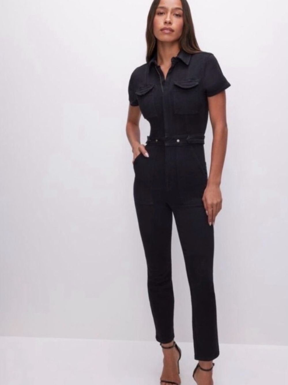 Good American Black Short-Sleeve Zip Utility Jumpsuit Medium